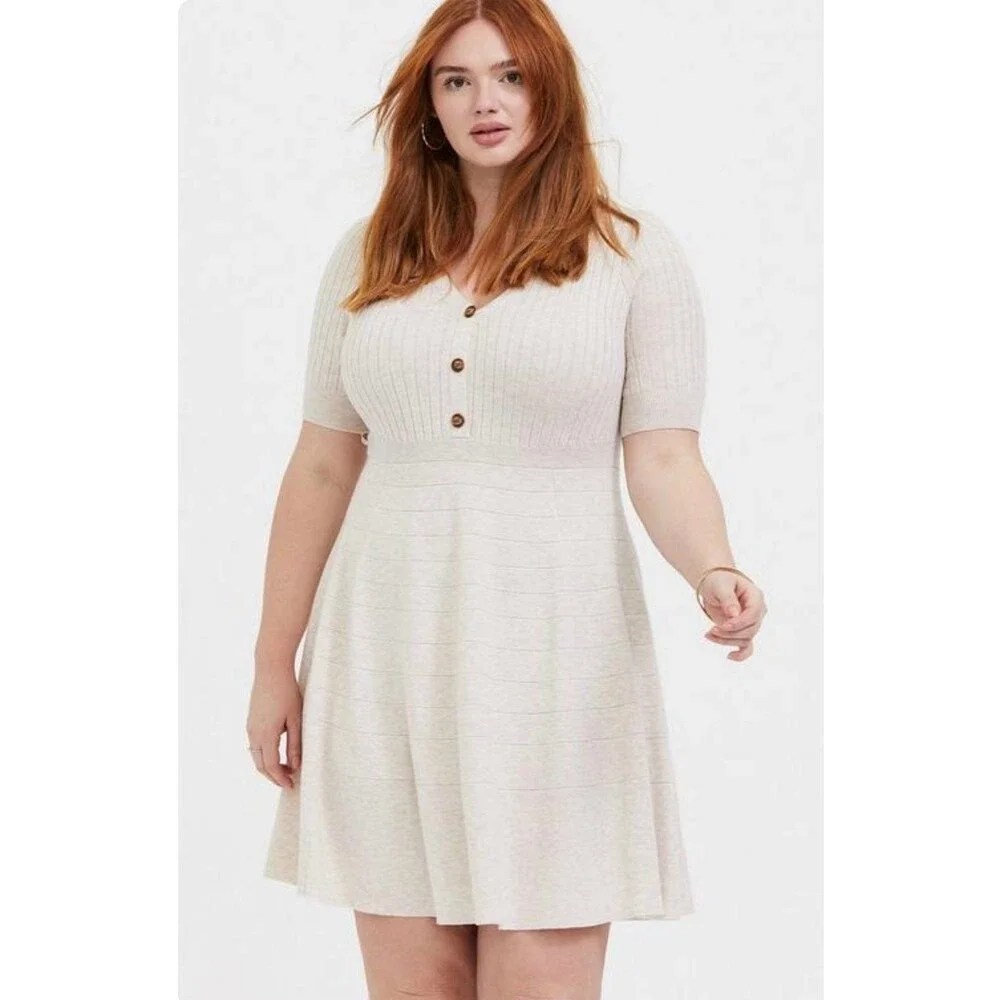 Torrid Oatmeal Sweater Knit Ribbed V Neck Button Front Skater Mini Dress 4X 26